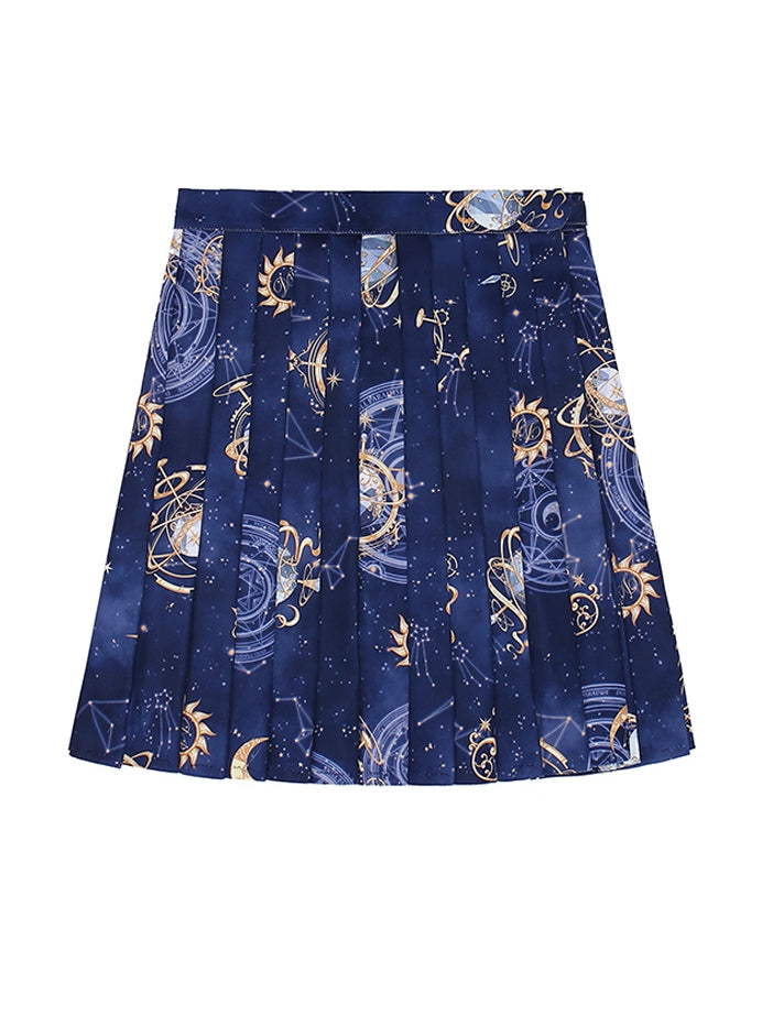 Navy Blue Celestial Globes Print JK Uniform Pleated Skirt
