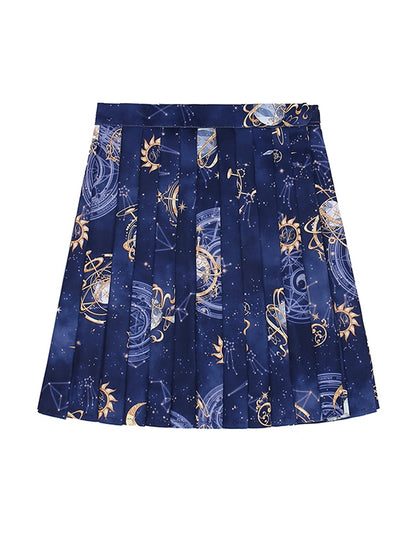 Navy Blue Celestial Globes Print JK Uniform Pleated Skirt