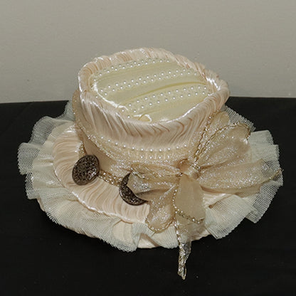 Button Beige Decorated Hat Design Beaded Bowknot And Mini