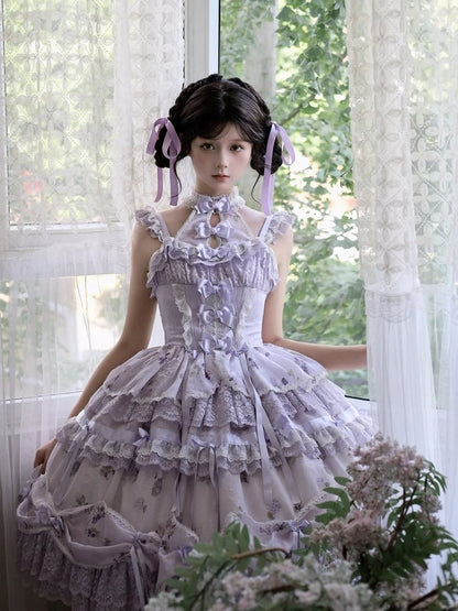Hime Lolita Purple Dress Bows Halter with Lace Multiple Floral Neck Print Ruffles and