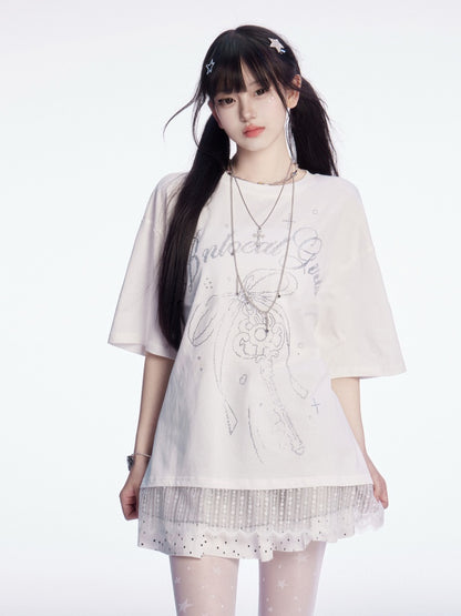 T-shirt Key Rhinestones Bowknot and Lace Trim White Round Neck
