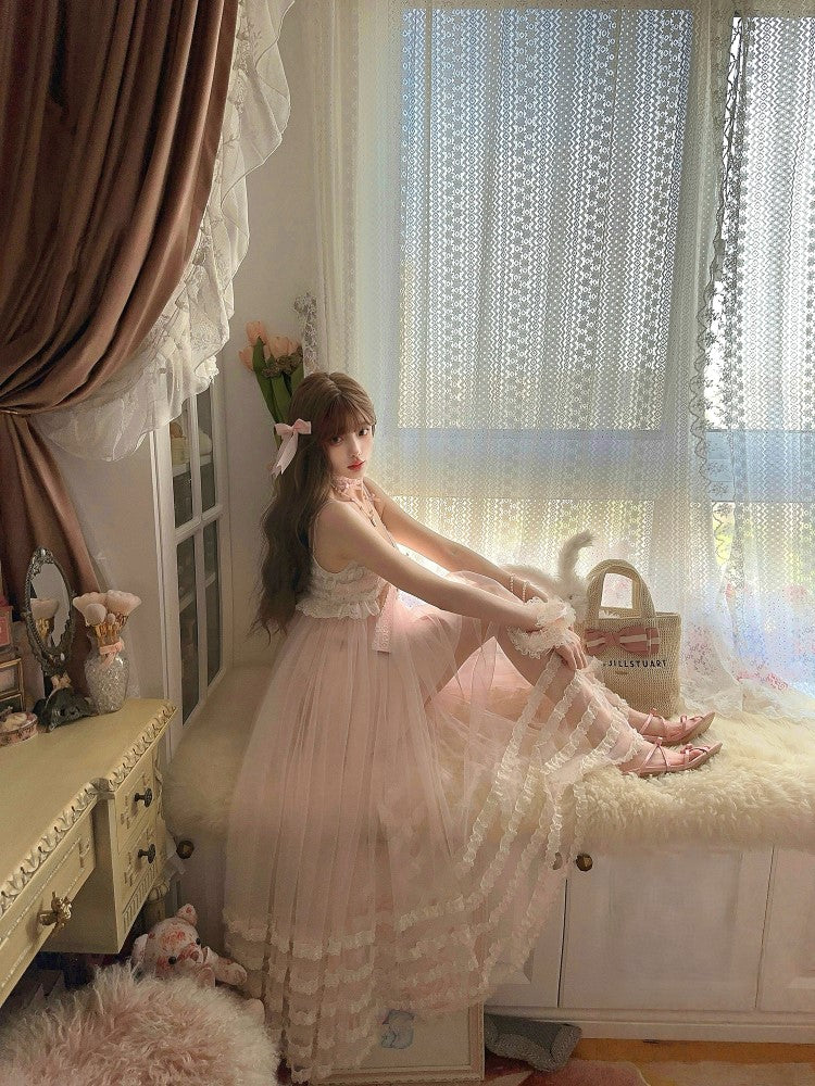 Rosa Länge Slip Spitzenkleid Rüschen Bowknot Tiered Knöchel mit