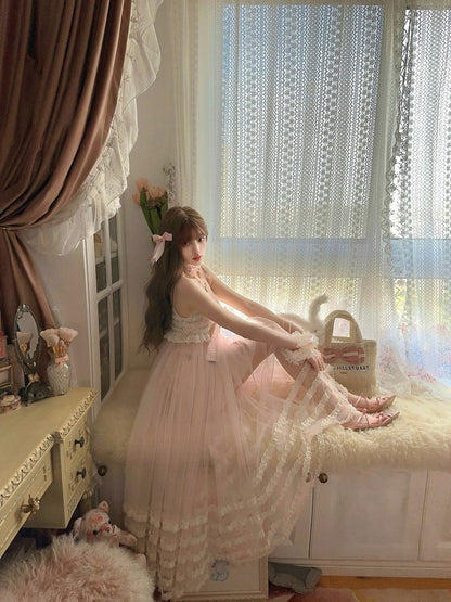 Rosa Länge Slip Spitzenkleid Rüschen Bowknot Tiered Knöchel mit