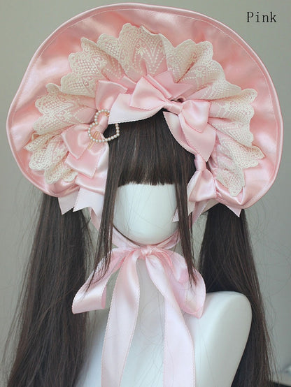 Beaded Decorated Bowknot Details Lace Trim Bonnet