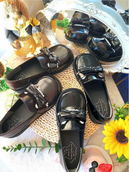 Preppy Style Black Low Heels with Bear Paw & Ear Accents