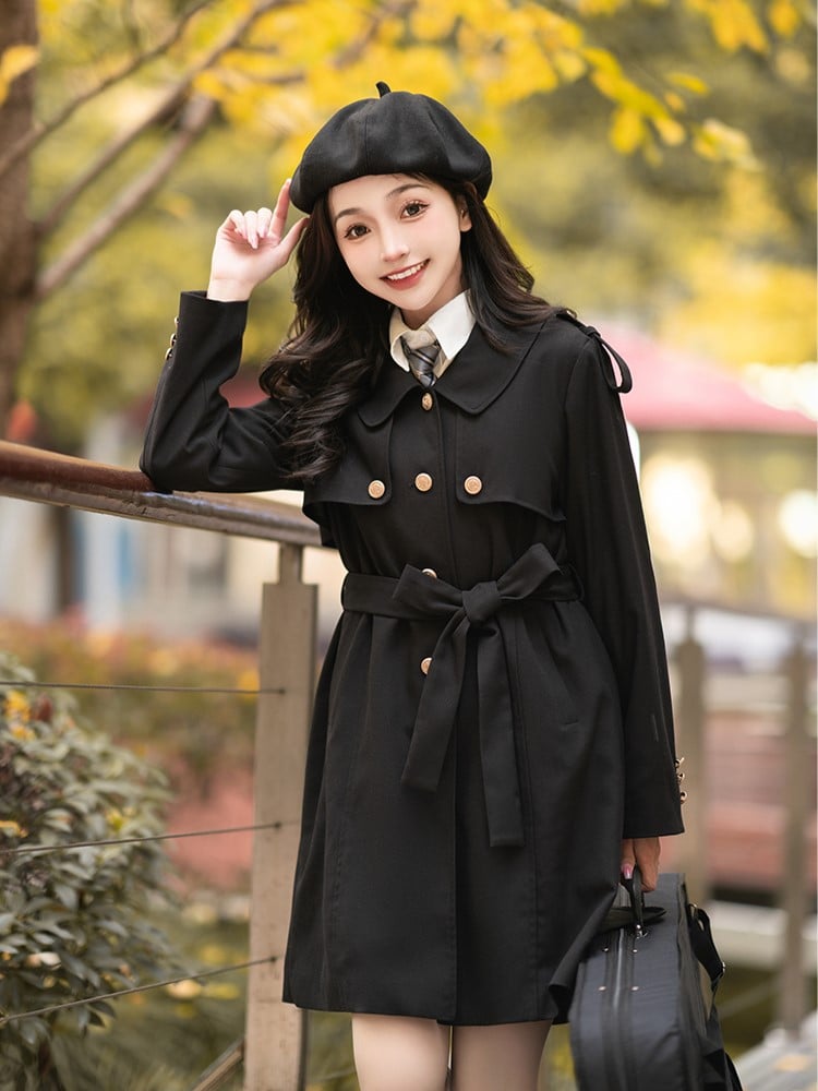 with Front Longline Beige/Khaki/Black Coat Placket Button