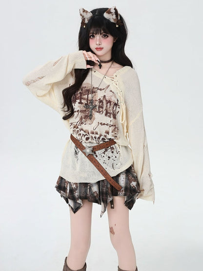 Distressed Holes Lace-up Neckline Ink-jet Print Black/Apricot