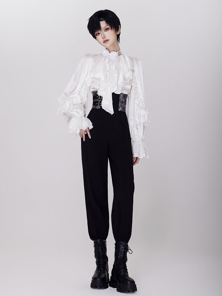 Elegant White Ruffled Bodice Shirt with Flounce Trim and Long Sleeves - DevilInspired Exclusive Collection