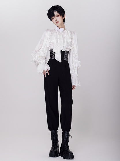Elegant White Ruffled Bodice Shirt with Flounce Trim and Long Sleeves - DevilInspired Exclusive Collection