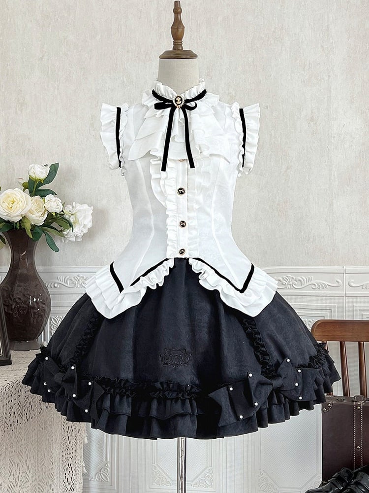 Vintage Elegant Sleeveless Lolita Top & Bow Pearl Accent Skirt Outfit in Black & White - Xiong Dou Jiang