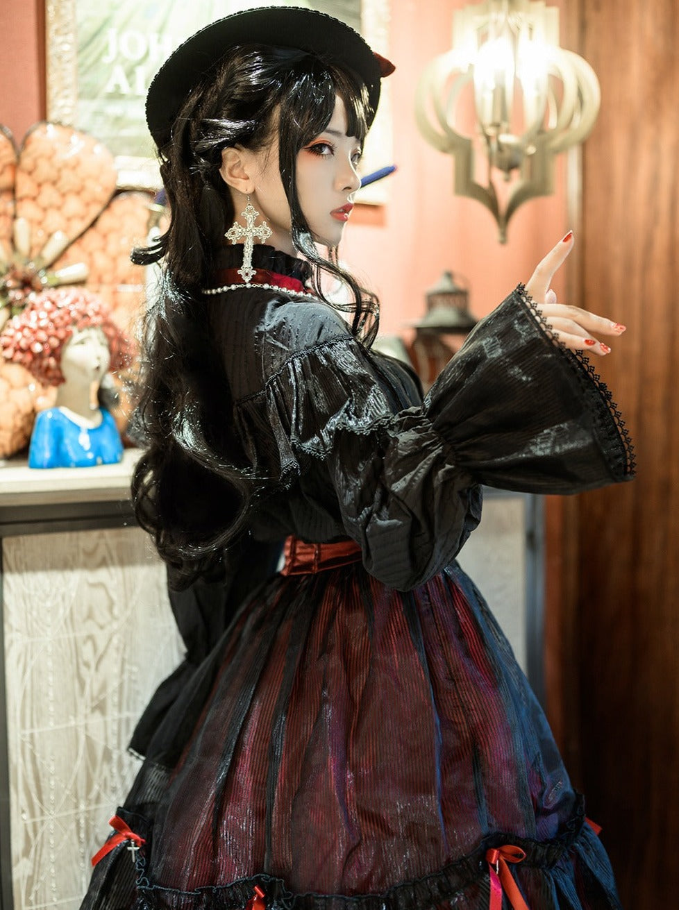 Red Collar Elegant Dark Gothic Shirt Retro Lolita Stand