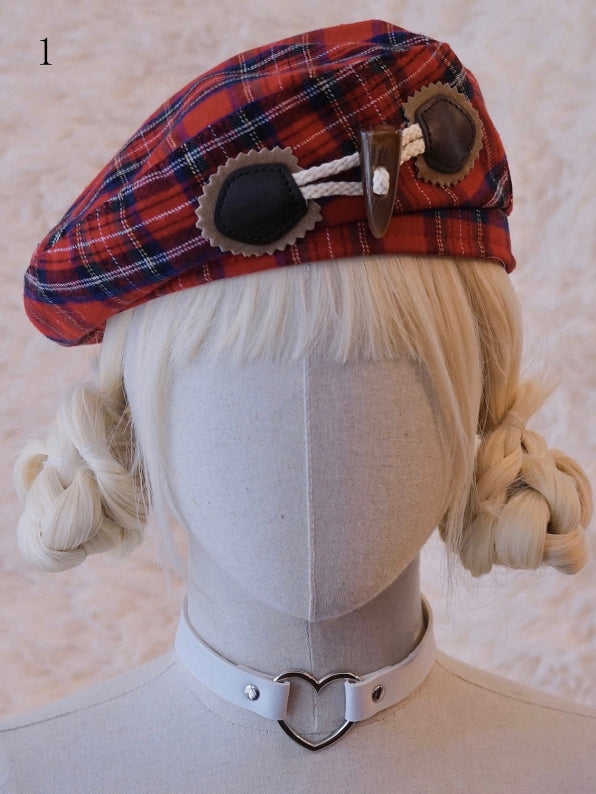 Decorated Pattern Plaid Botton Red Hat Beret