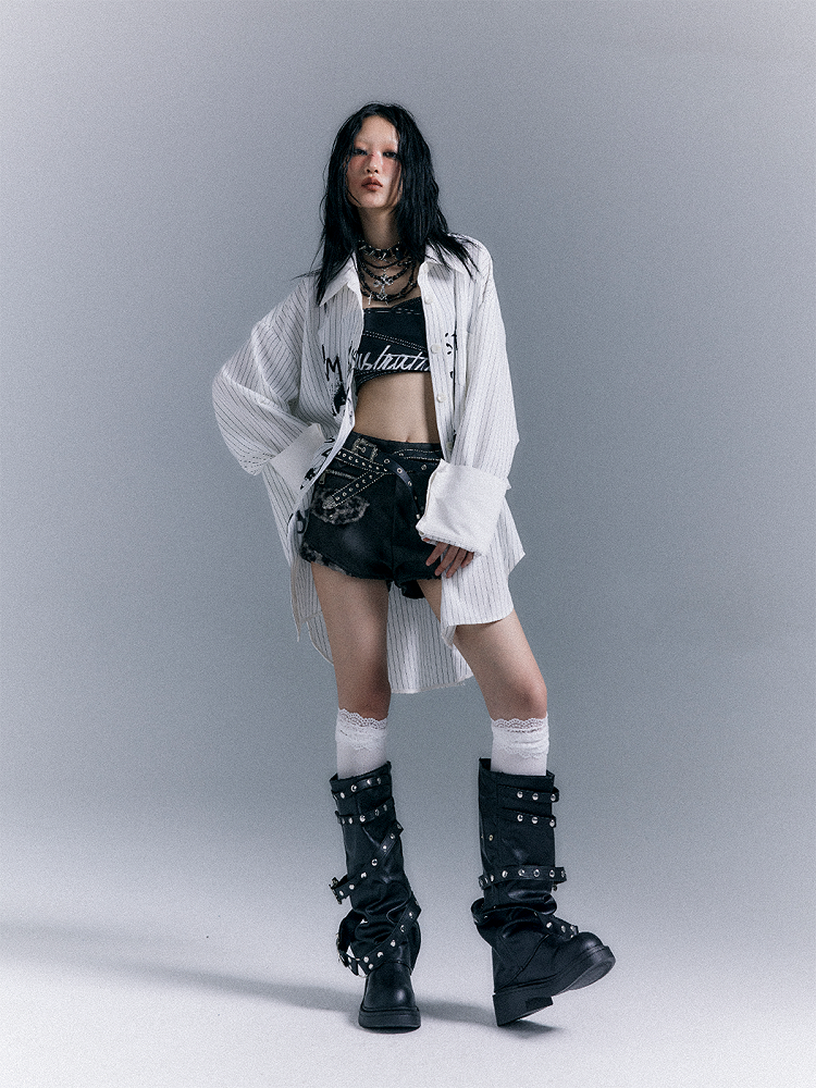 Graffiti Letter Shirt Print Punk White Striped