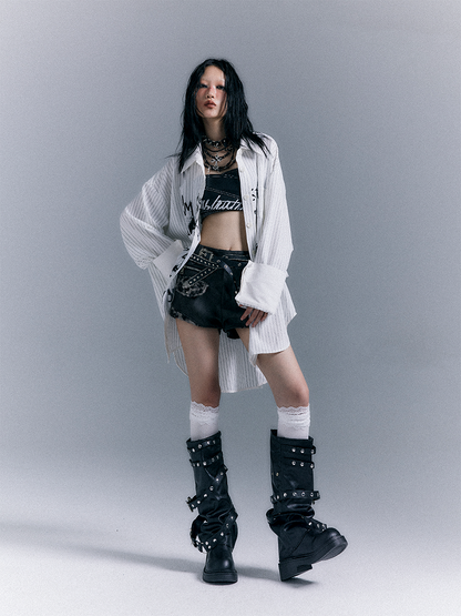 Graffiti Letter Shirt Print Punk White Striped