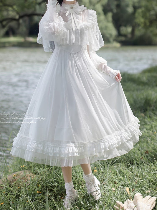 Lolita Classic Ethereal Tulle Dot All-White Style Sleeve Shiro in Cape Dress: