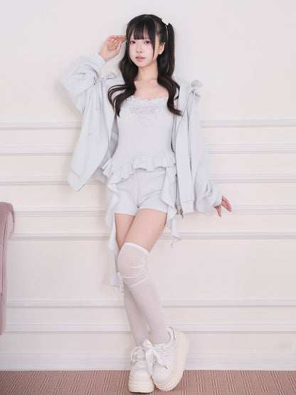 Light Blue Lace Rhinestone Cami Top with Ruffle and Ribbon - No Genki