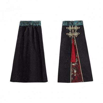 Black Red Jacquard Han Lolita Leg Warmers Tassel - Unknown Star
