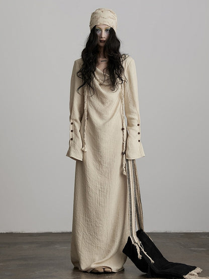Dress with Urban Goth Apricot Design Cowl Irregular Long-Sleeve Slit Loose Light Neck