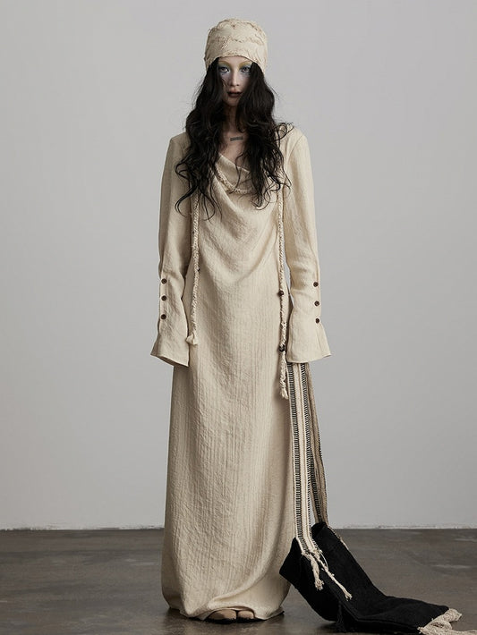 Dress with Urban Goth Apricot Design Cowl Irregular Long-Sleeve Slit Loose Light Neck