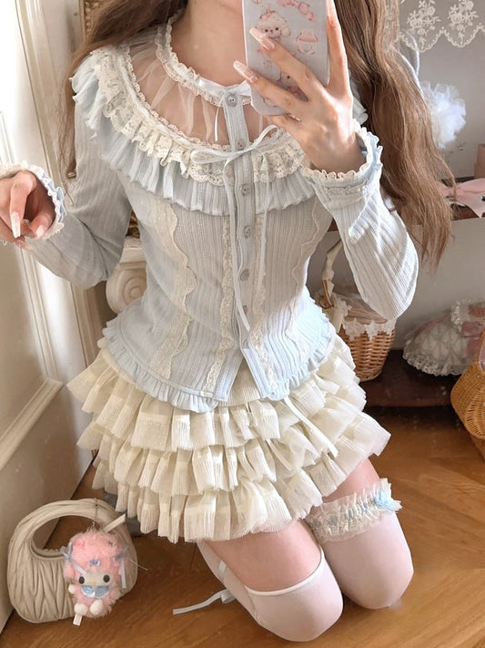 Knit Cardigan Bow Ruffled Lace Blue Vintage