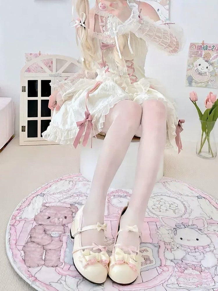 Pattern Bows Cream with Tights Argyle