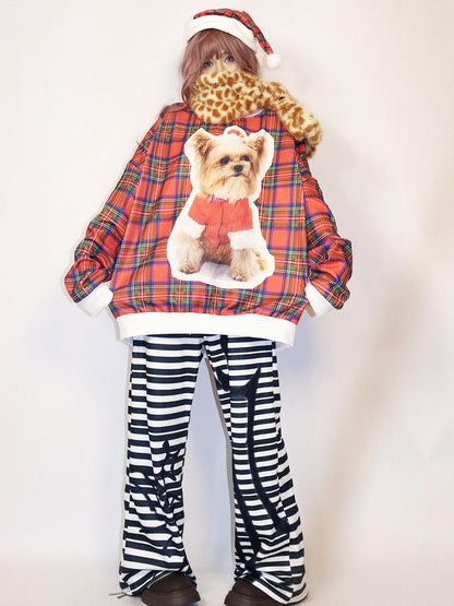 Weihnachtskariertes Sweatshirt mit Welpen-Print Rot
