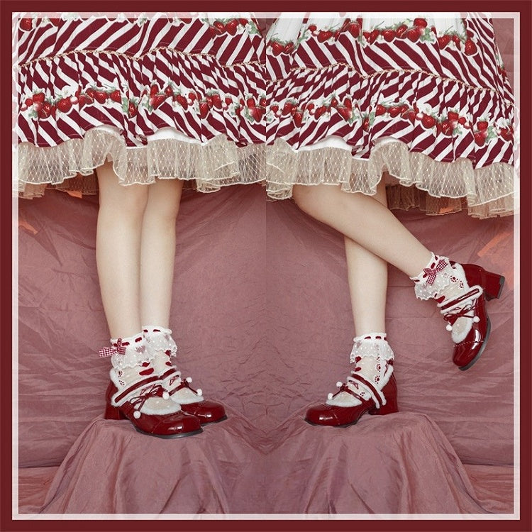 Lining Mary Bow - Sweet Pompom Lolita PU Plush with Wine Janes Mid-heel Accented Red