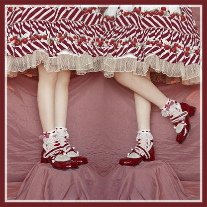 Lining Mary Bow - Sweet Pompom Lolita PU Plush with Wine Janes Mid-heel Accented Red