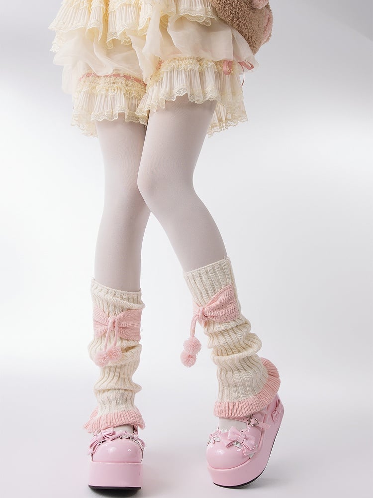 Knitted Leg Decorations White with 46CM Bowknot Pink Warmers Pom-Pom and