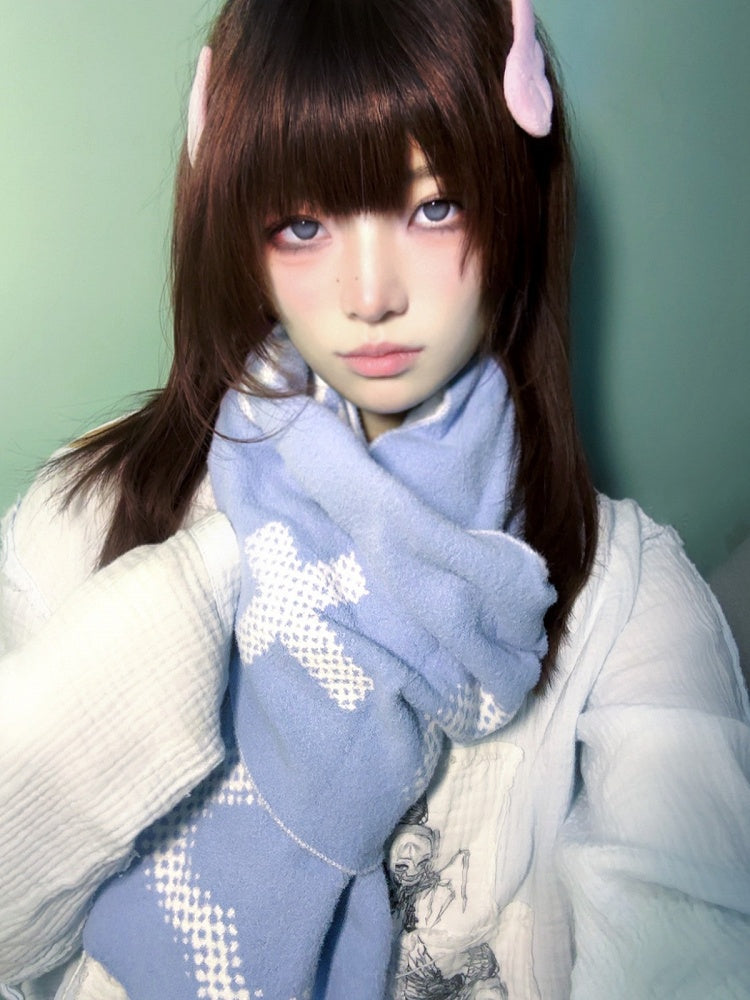 White-Blue Reversible Scarf with Star & Heart Knit - Alita26SS