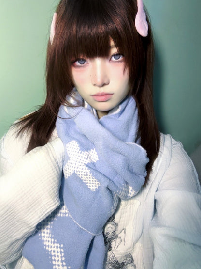 White-Blue Reversible Scarf with Star & Heart Knit - Alita26SS