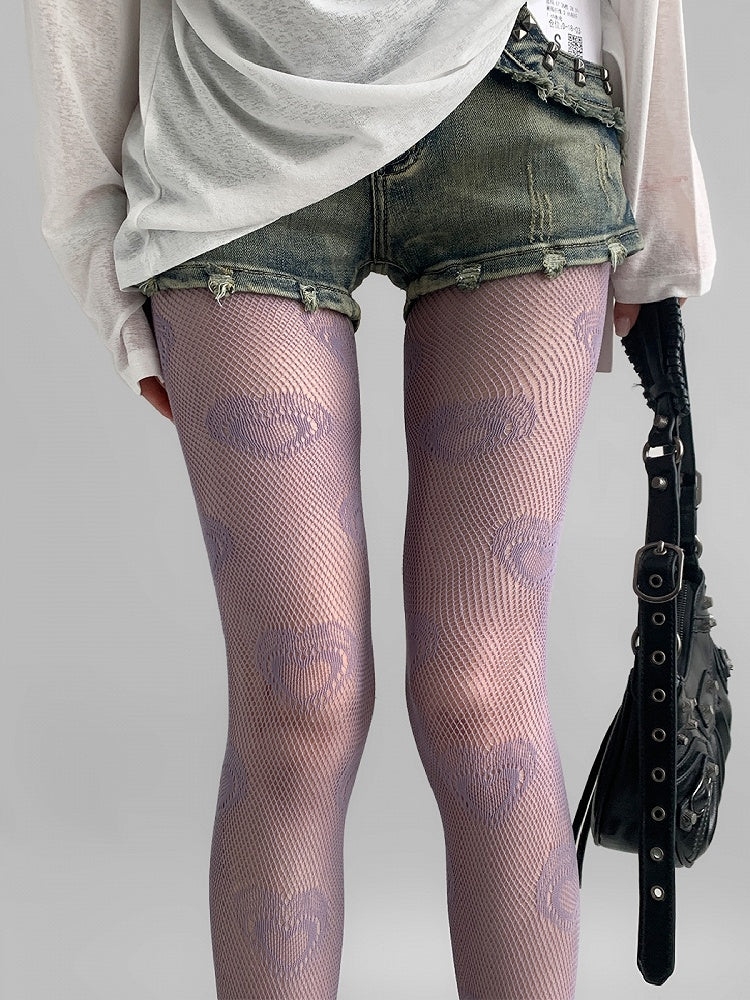 Lila/Beige/Rote Strumpfhose mit Herz-Print und ausgehöhltem Design