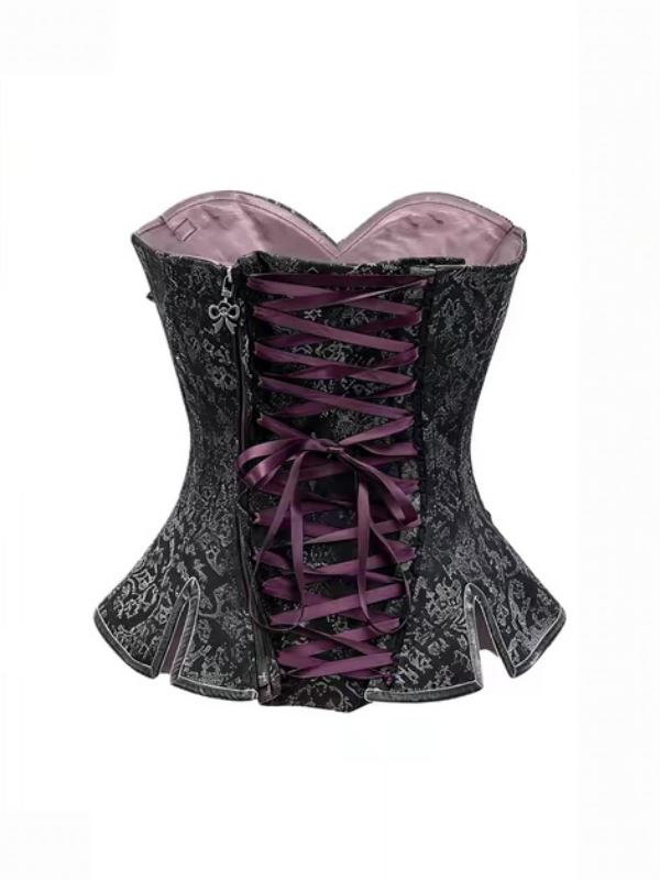 Pointed Split Hem Gothic Purple & Gray Velvet Corset with Tulle Neckline, Bead Chain & Floral Embroidery - Blood Supply