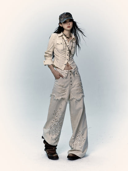 Aprikosenfarbene Distressed-Jeans mit weitem Bein und Strass