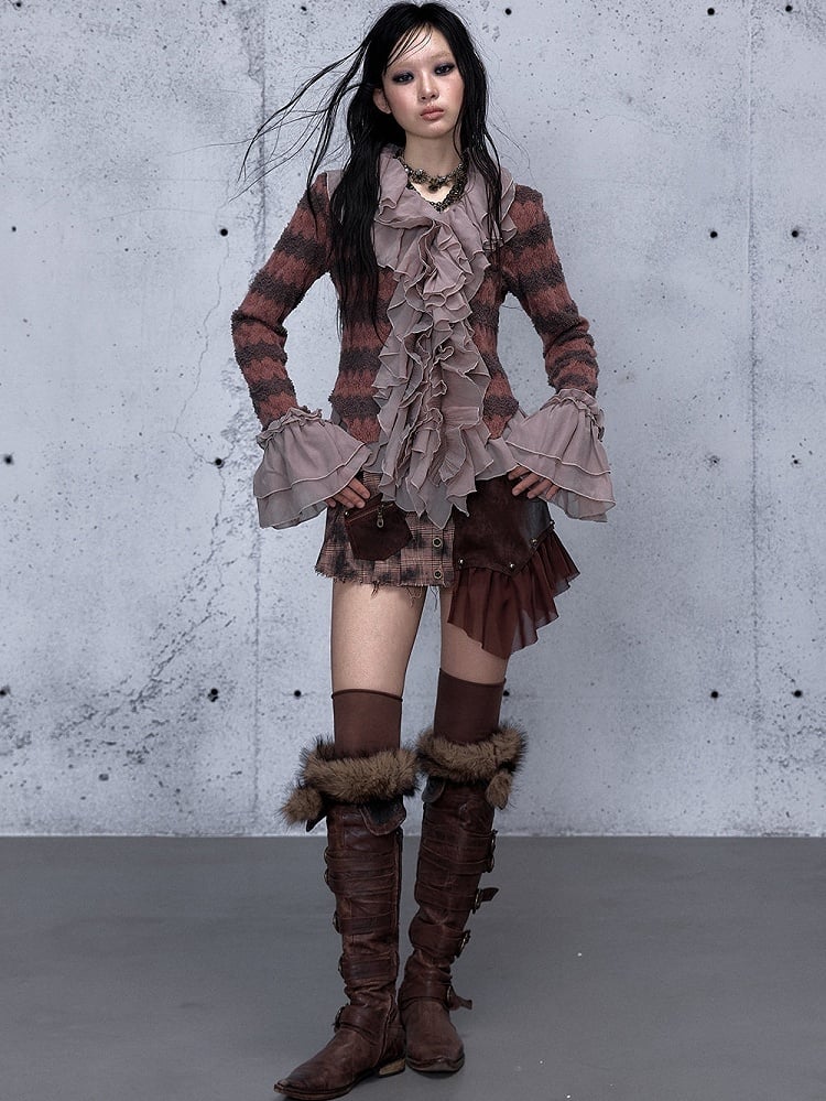 Cascading Trim Bell Top Flounced Ruffle - Cuffs Pink Dusty Striped Sleeve