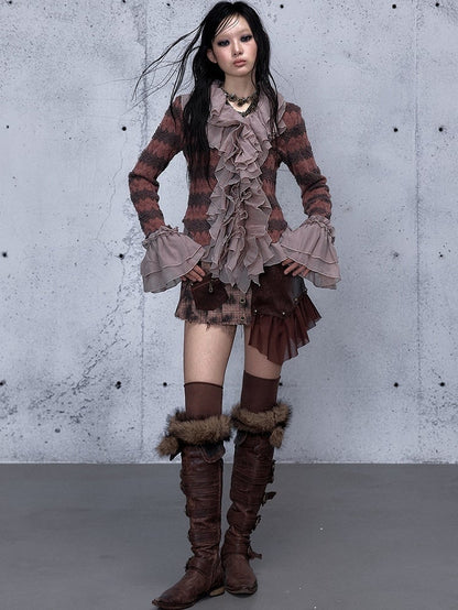 Cascading Trim Bell Top Flounced Ruffle - Cuffs Pink Dusty Striped Sleeve