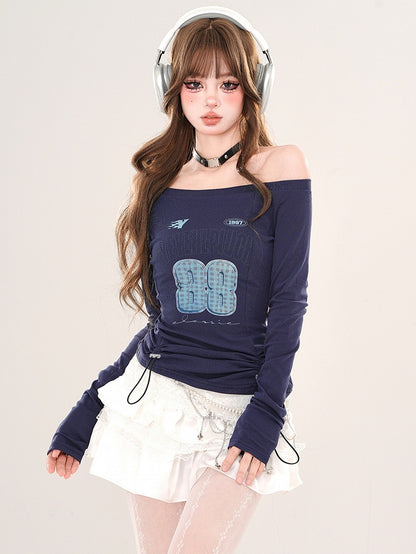 Königsblaues, schulterfreies Top mit Zahlendruck und verstellbarem Kordelzug in der Taille