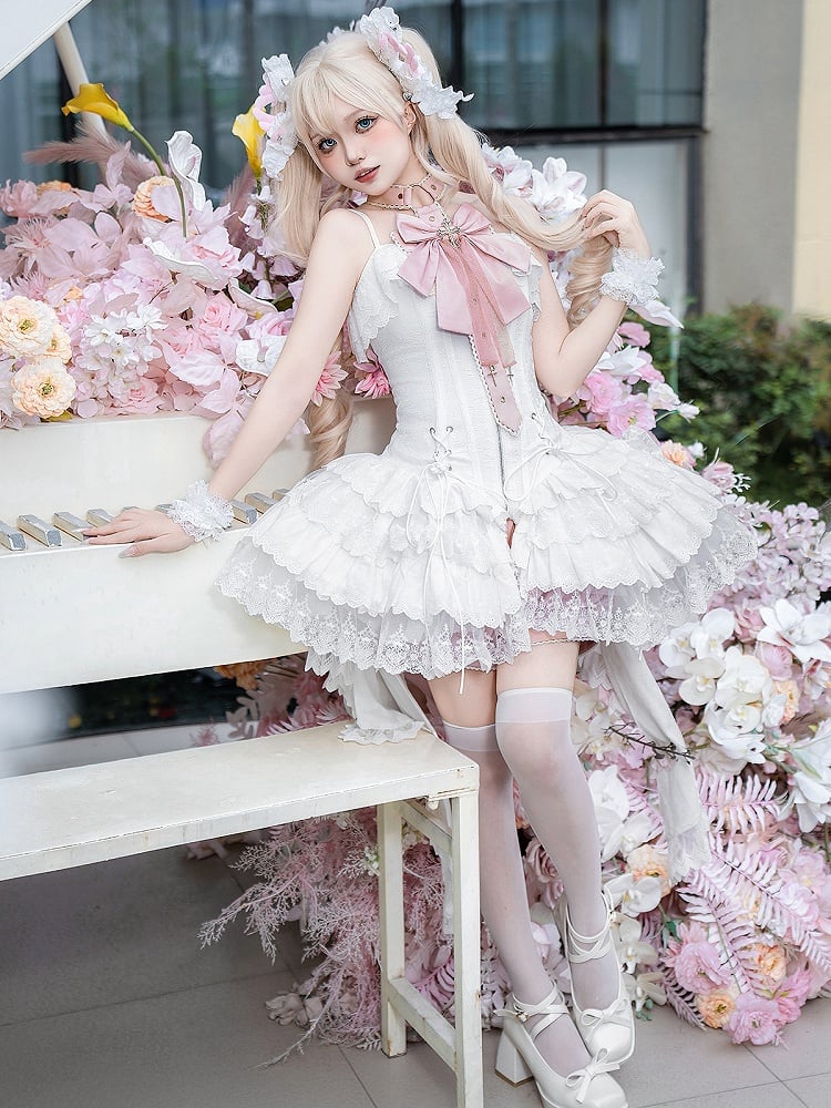Träger Spaghetti JSK Lolita Rosa Balletcore Weißes Korsett + Kleid