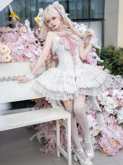 Träger Spaghetti JSK Lolita Rosa Balletcore Weißes Korsett + Kleid
