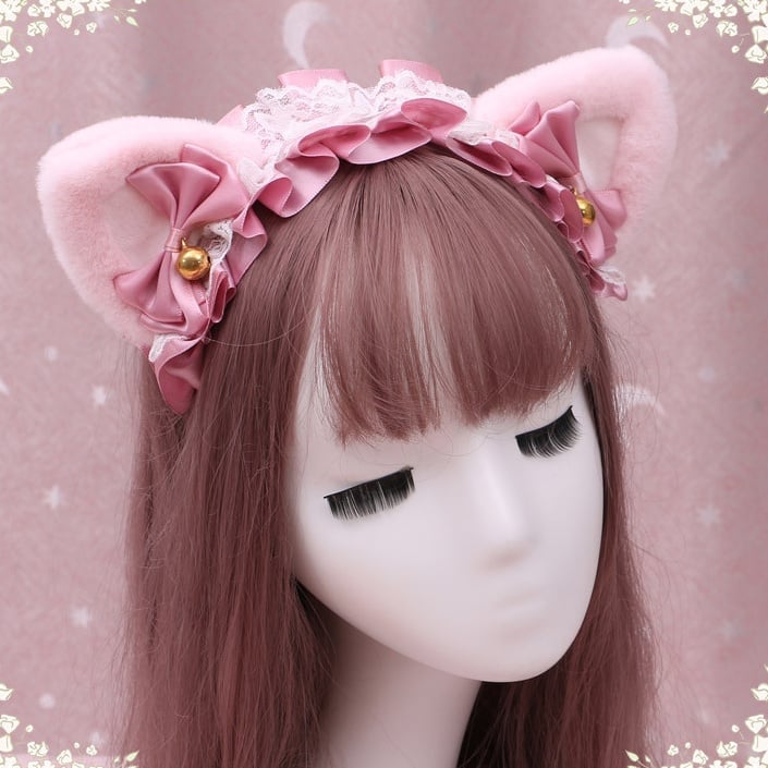 Lolita Ears Colors Pink Bell Kitty Sweet Plush KC Bow Decorated 3 with Lace