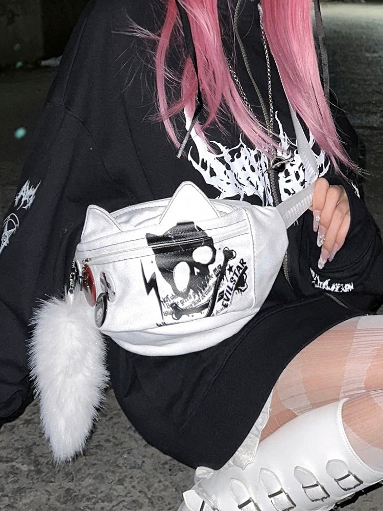 Print - Cat Bag White Waist Canvas with Skeleton Design Ear Letter Punk