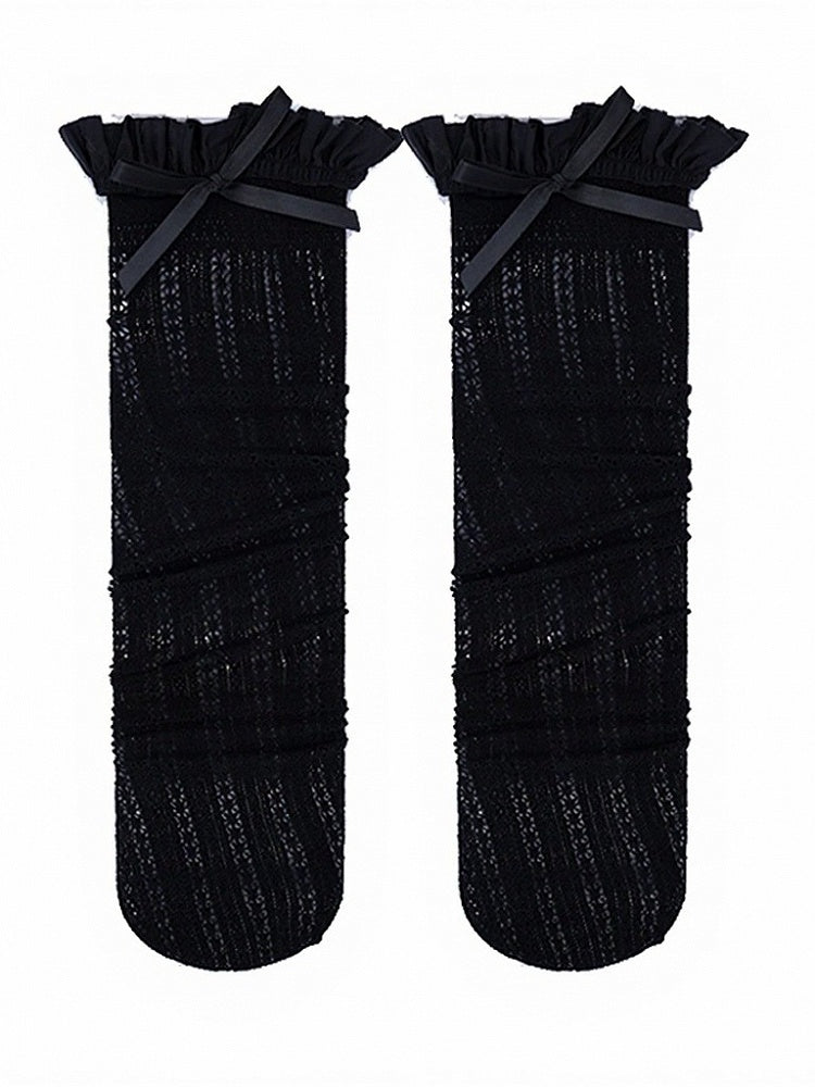 Lace Pattern Bow Calf Socks with Ruffled Cuff - ModaSwings