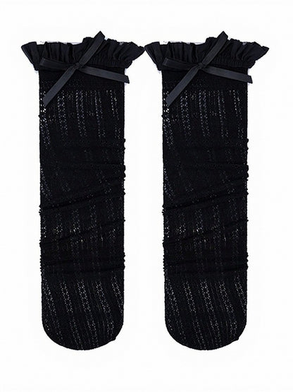 Lace Pattern Bow Calf Socks with Ruffled Cuff - ModaSwings