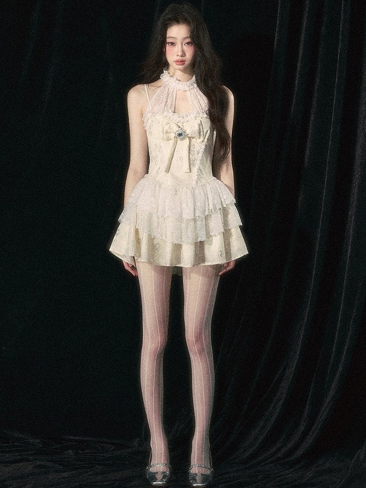 アプリコットホルターネックリボンティアードスカートドレス