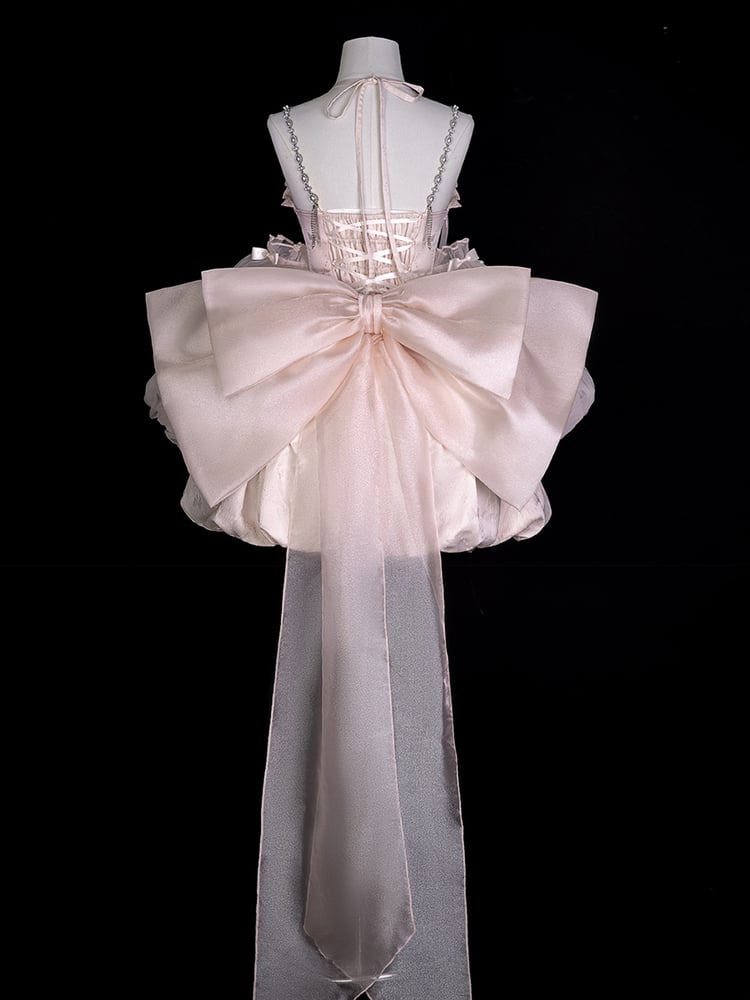 Princess Pink Bow Jacquard Ballet Train Dress + Big Sleeves Lolita Tulle Puff