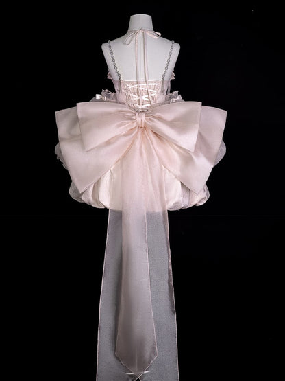 Princess Pink Bow Jacquard Ballet Train Dress + Big Sleeves Lolita Tulle Puff