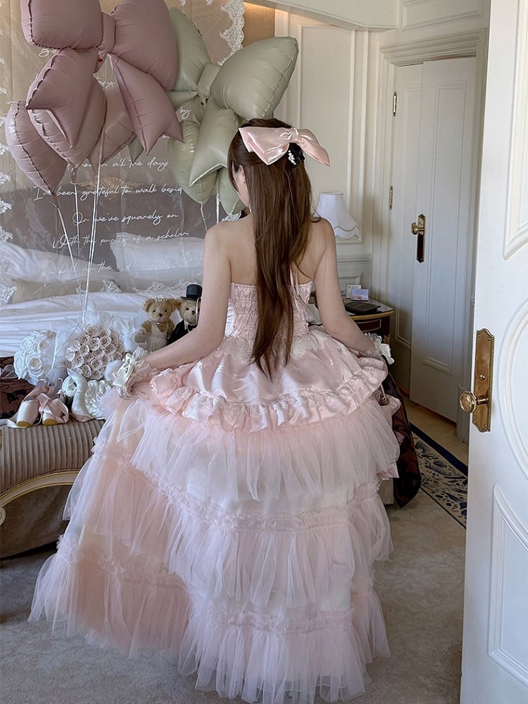 Pink Bow Halter Neck Prom Dress with Tiered Tulle - Diamond Honey