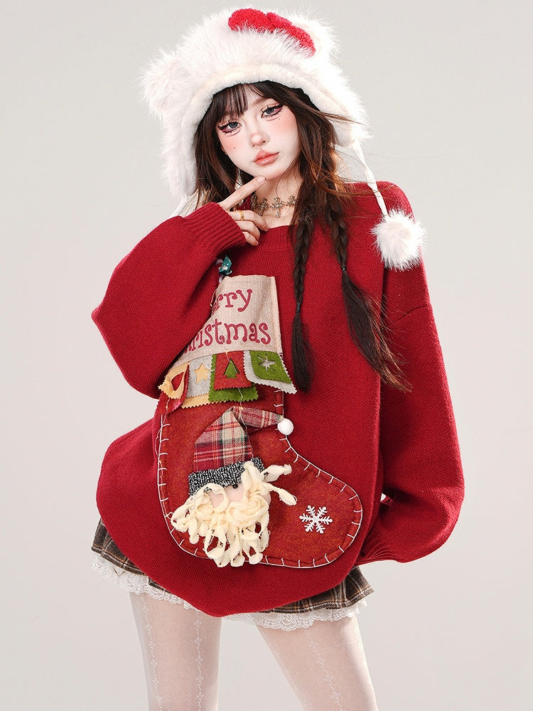 Roter Weihnachtsstrumpf mit Rundhalsausschnitt und lockerem Pullover