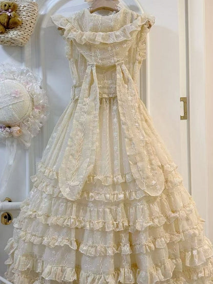 with Beige Floral Ruffled Pattern Lolita Bunny Overdress Hood Ear