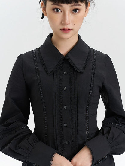 Chemise à manches longues repliées avec col pointu noire Lolita